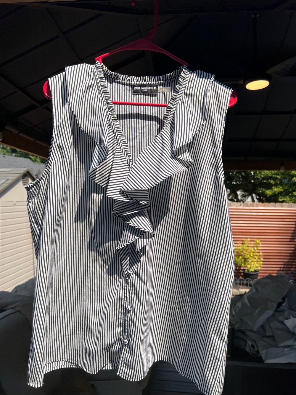 Karl Lagerfeld Black and White Striped Ruffle Sleeveless Top